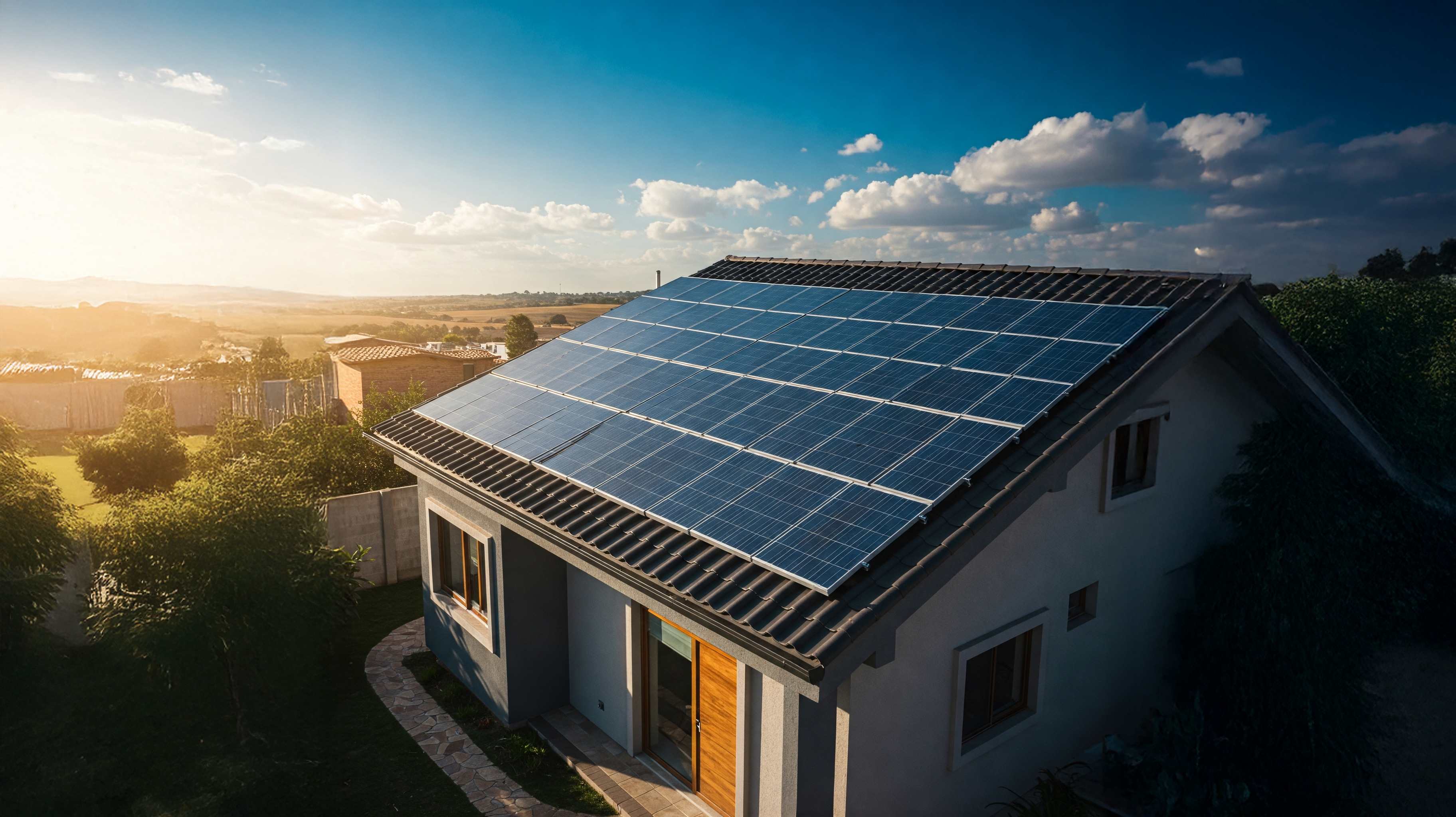 Casa moderna con paneles solares en el techo al atardecer
